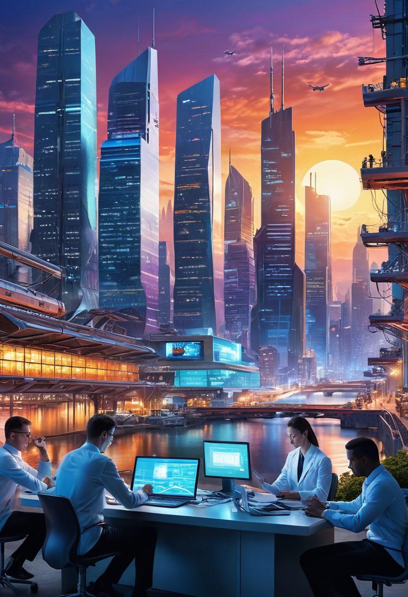 A dynamic scene illustrating various industries transformed by innovative technology, featuring a diverse group of professionals collaborating with futuristic gadgets and machinery. The background showcases vibrant cityscapes and industrial landscapes, symbolizing progress. Include elements representing different sectors like healthcare, agriculture, and manufacturing with an emphasis on cutting-edge design. Bright, engaging colors to capture the essence of innovation. super-realistic. vibrant colors. futuristic.